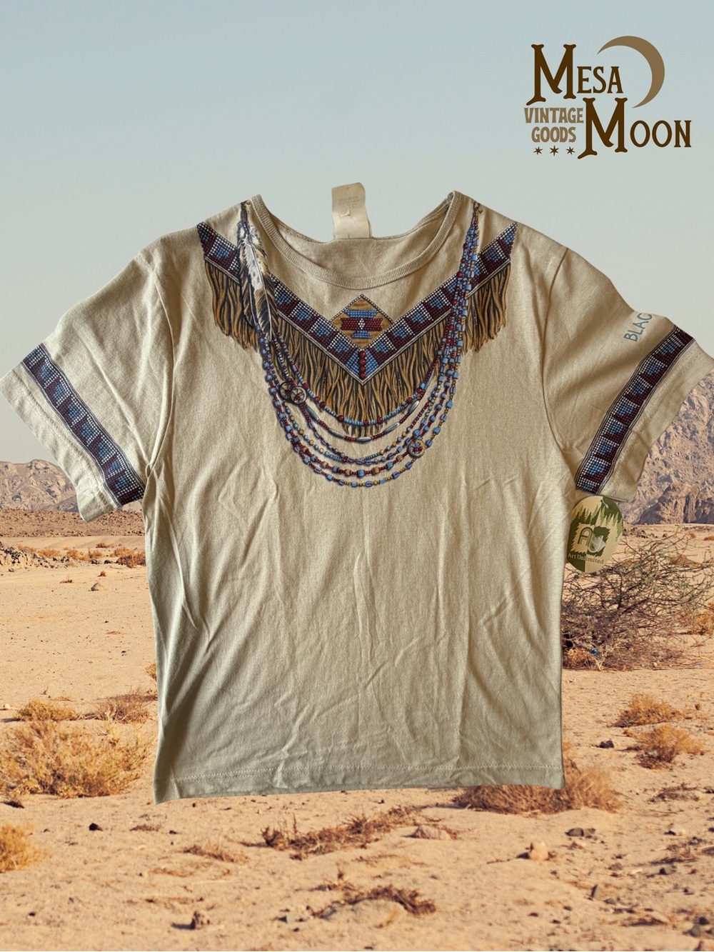 Vintage Native American Graphic Beaded Fringe Graphic Tee - Cream